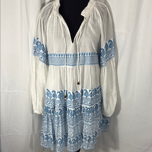 OLIPHANT WHITE BLUE EMBROIDERED TUNIC DRESS SIZE L - Picture 2 of 11